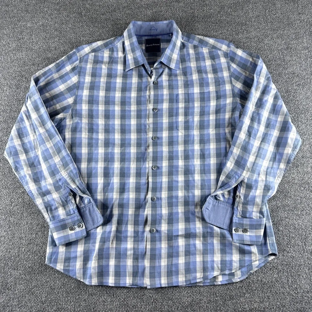 Tommy Bahama Shirt Mens Large Blue Plaid Silk Blend Button Up Collared Cotton